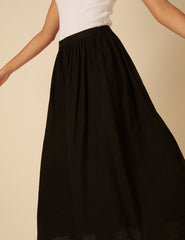 Black Linen-blend A-line Midi Skirt