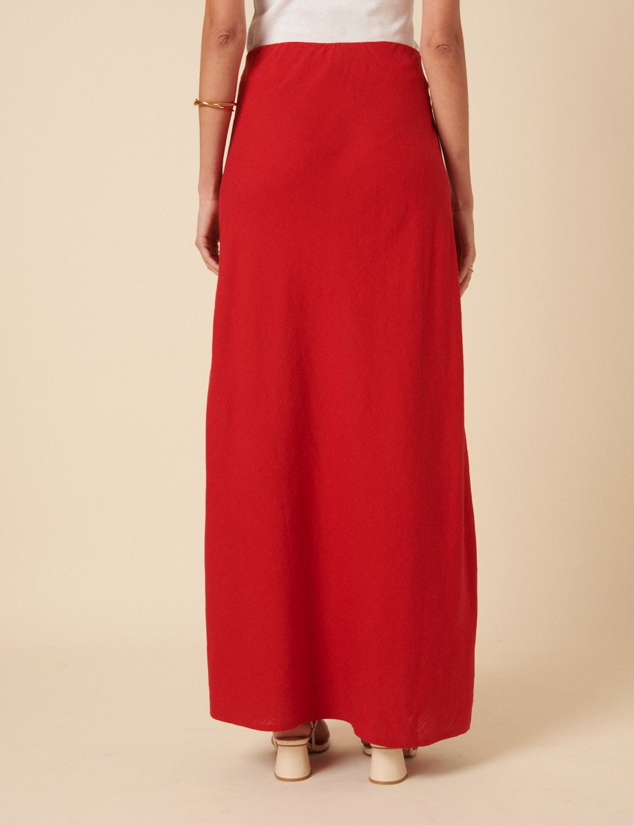 Red Linen-blend Mila Maxi Skirt