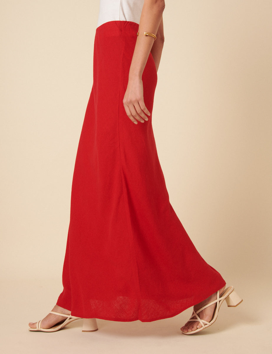 Red Linen-blend Mila Maxi Skirt