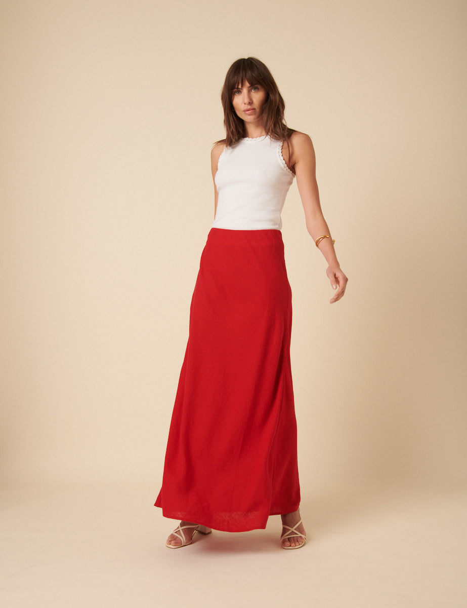 Red Linen-blend Mila Maxi Skirt