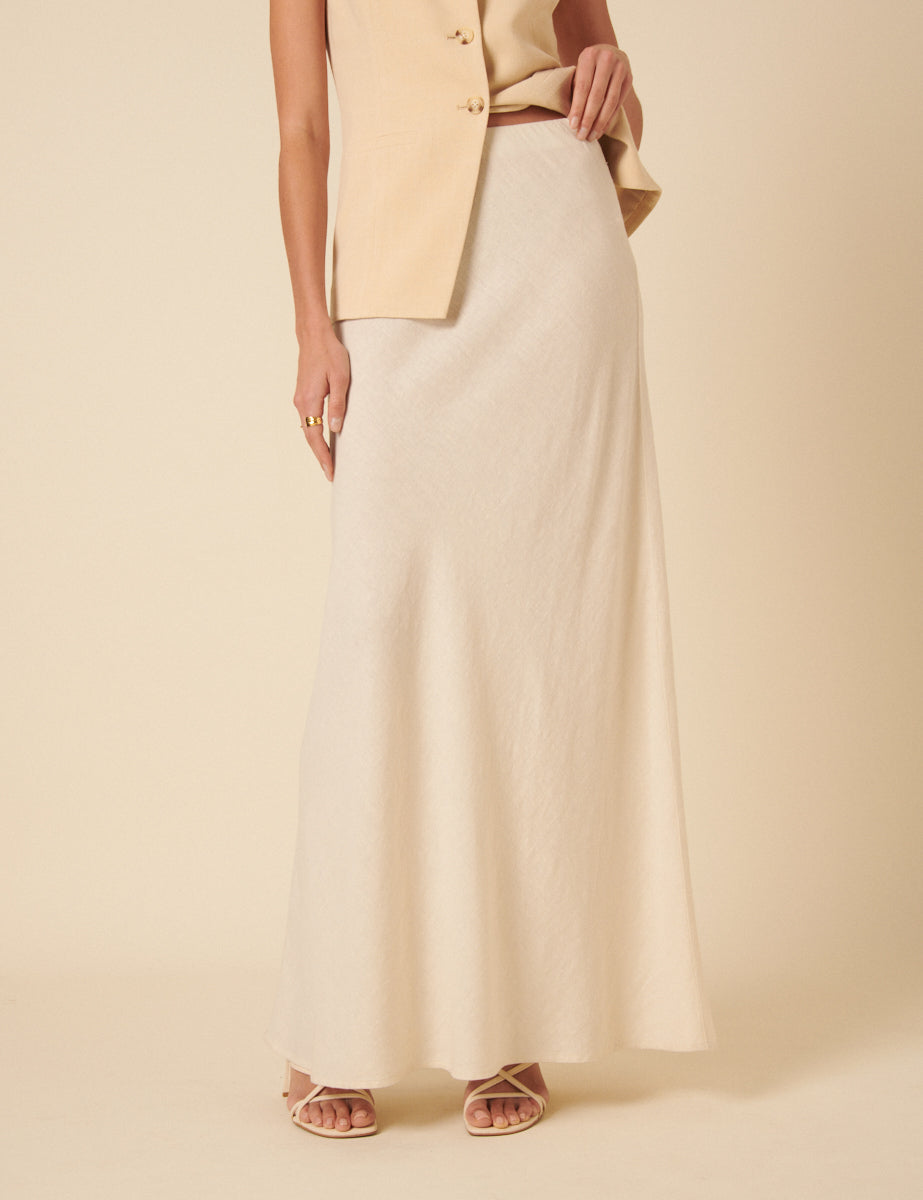 Cream Linen-blend Maxi Skirt
