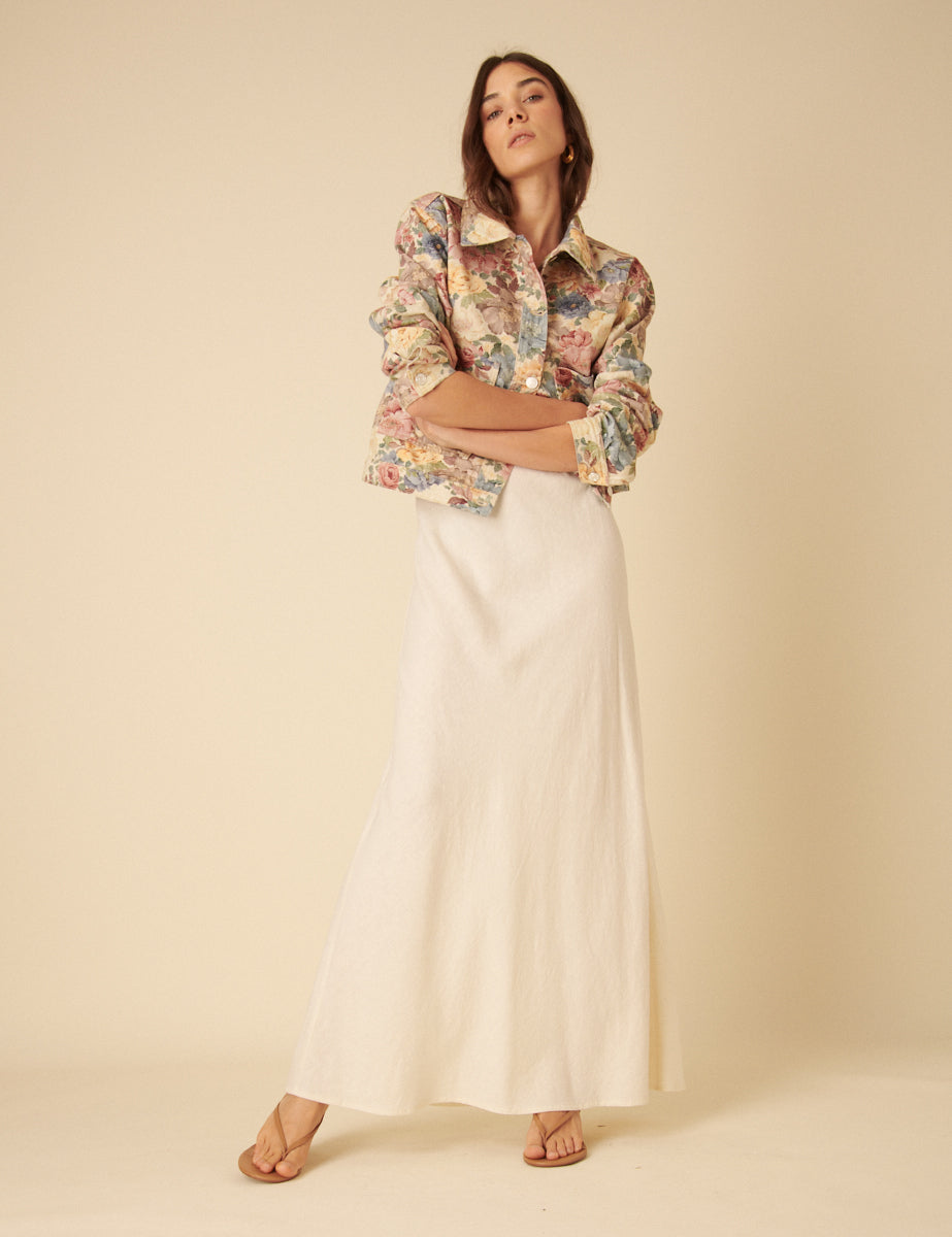 Cream Linen-blend Maxi Skirt