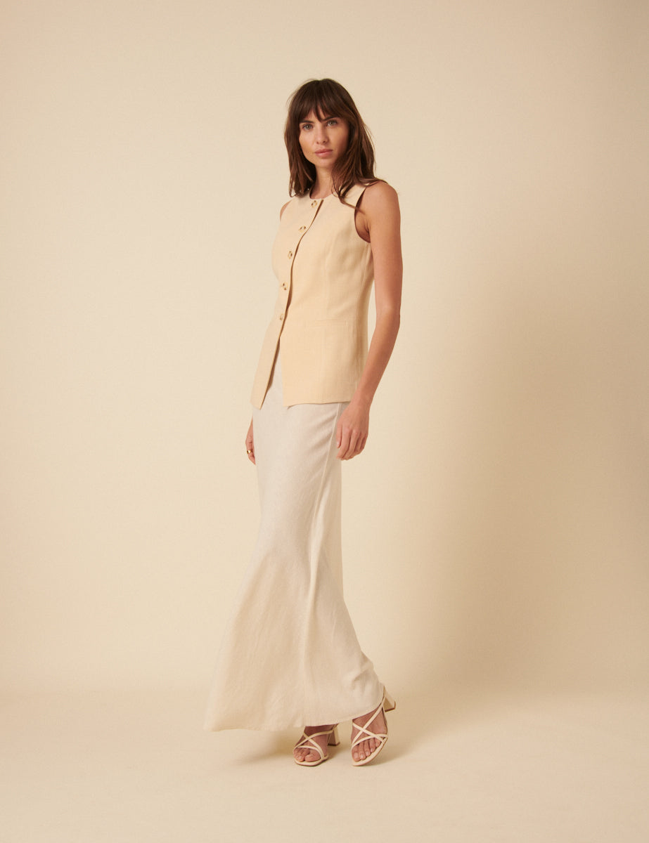 Cream Linen-blend Maxi Skirt