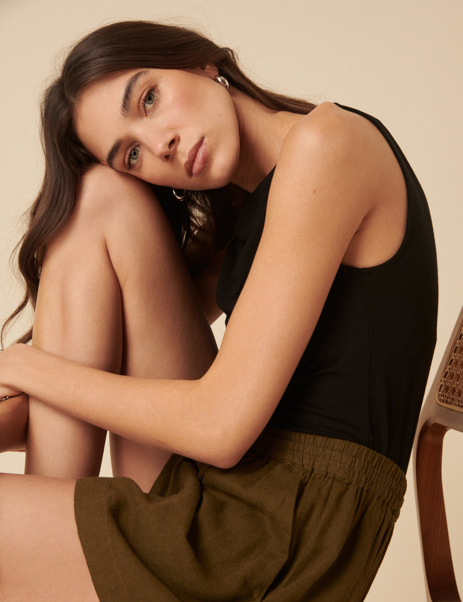 Khaki Drawstring Linen-blend Jet Shorts