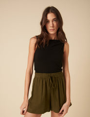 Khaki Drawstring Linen-blend Jet Shorts