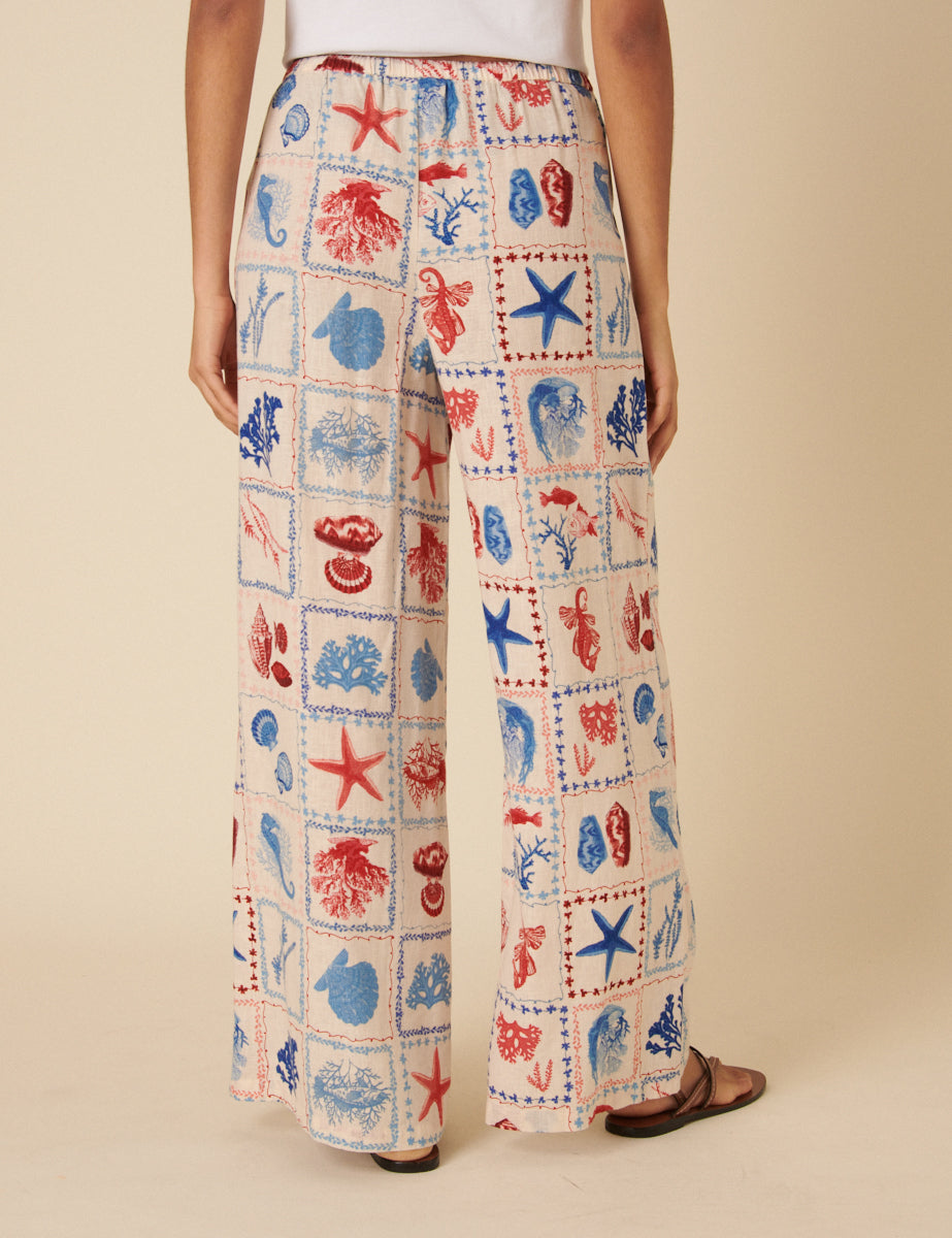 Cream Shell Print Relaxed Trousers