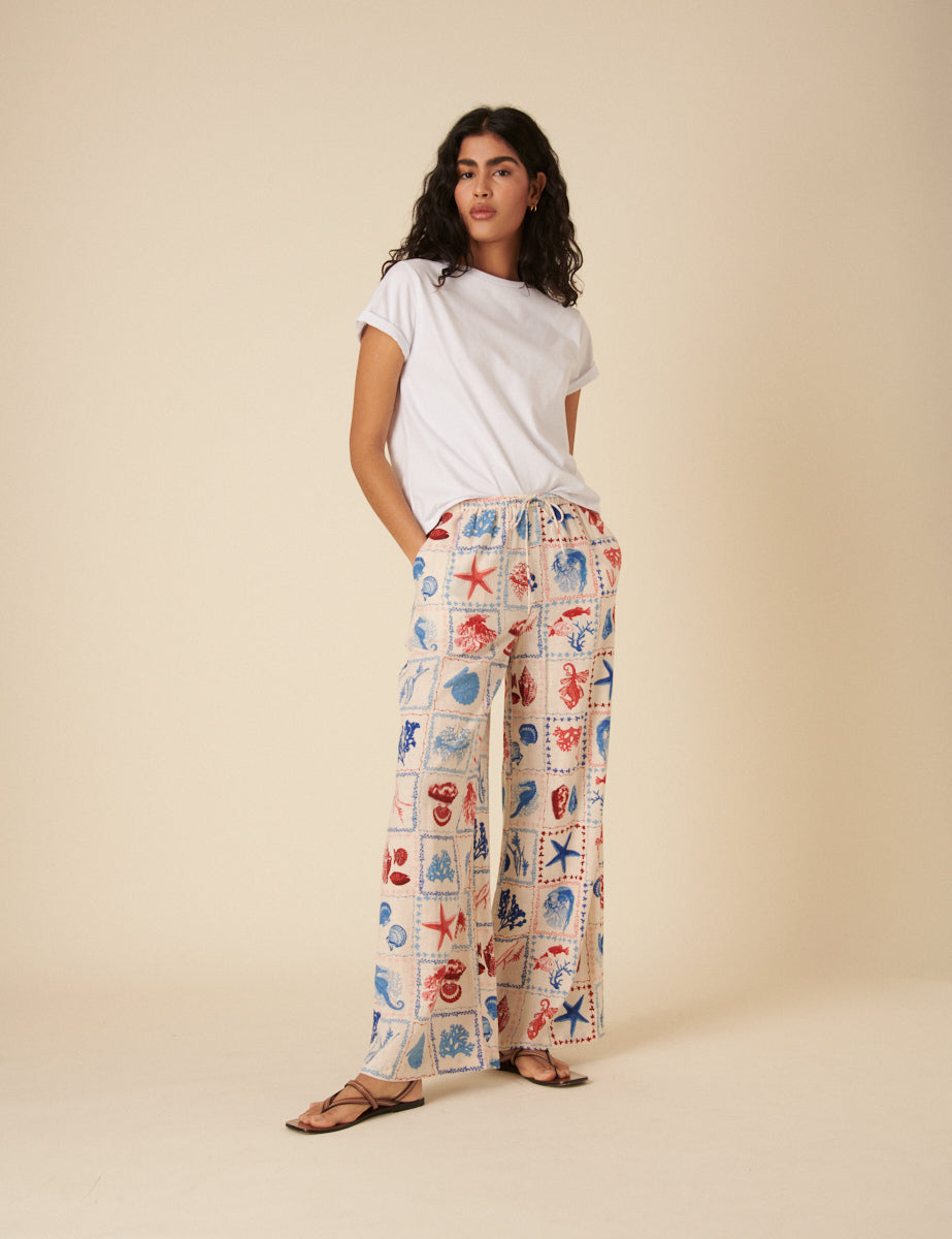 Cream Shell Print Relaxed Trousers