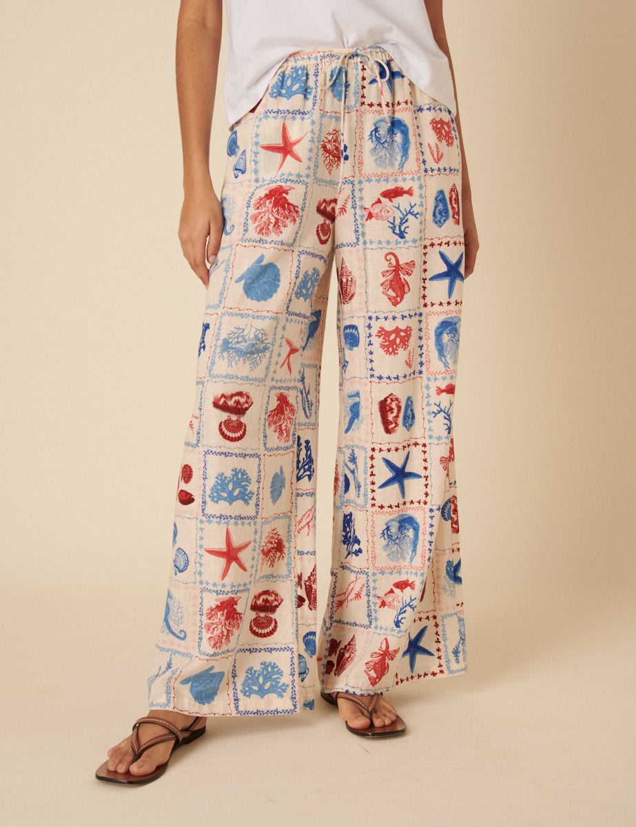 Cream Shell Print Relaxed Trousers