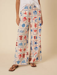 Cream Shell Print Relaxed Trousers