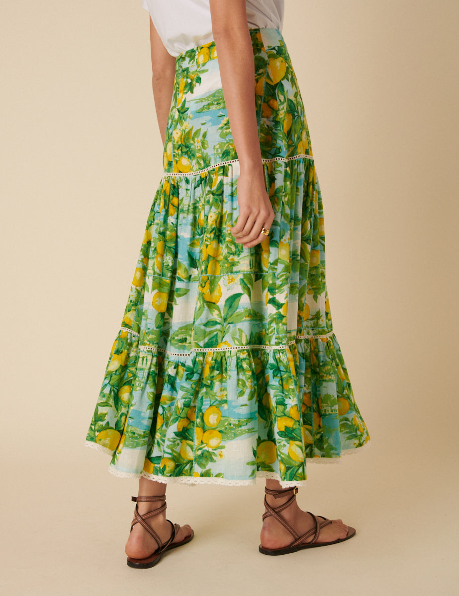 Green Lemon Print Tiered Midi Skirt