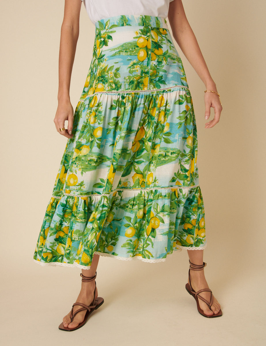 Green Lemon Print Tiered Midi Skirt