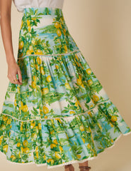 Green Lemon Print Tiered Midi Skirt