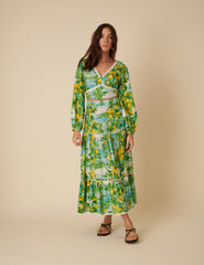 Green Lemon Print Tiered Midi Skirt