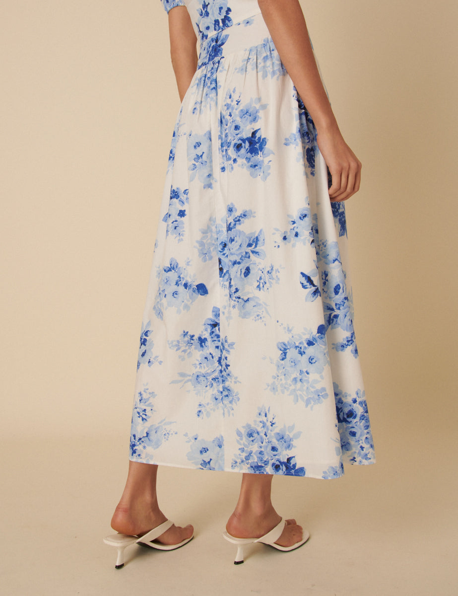Blue Watercolour Floral Tailored Skirt