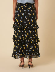 Black Floral Ruffle Tiered Midi Skirt