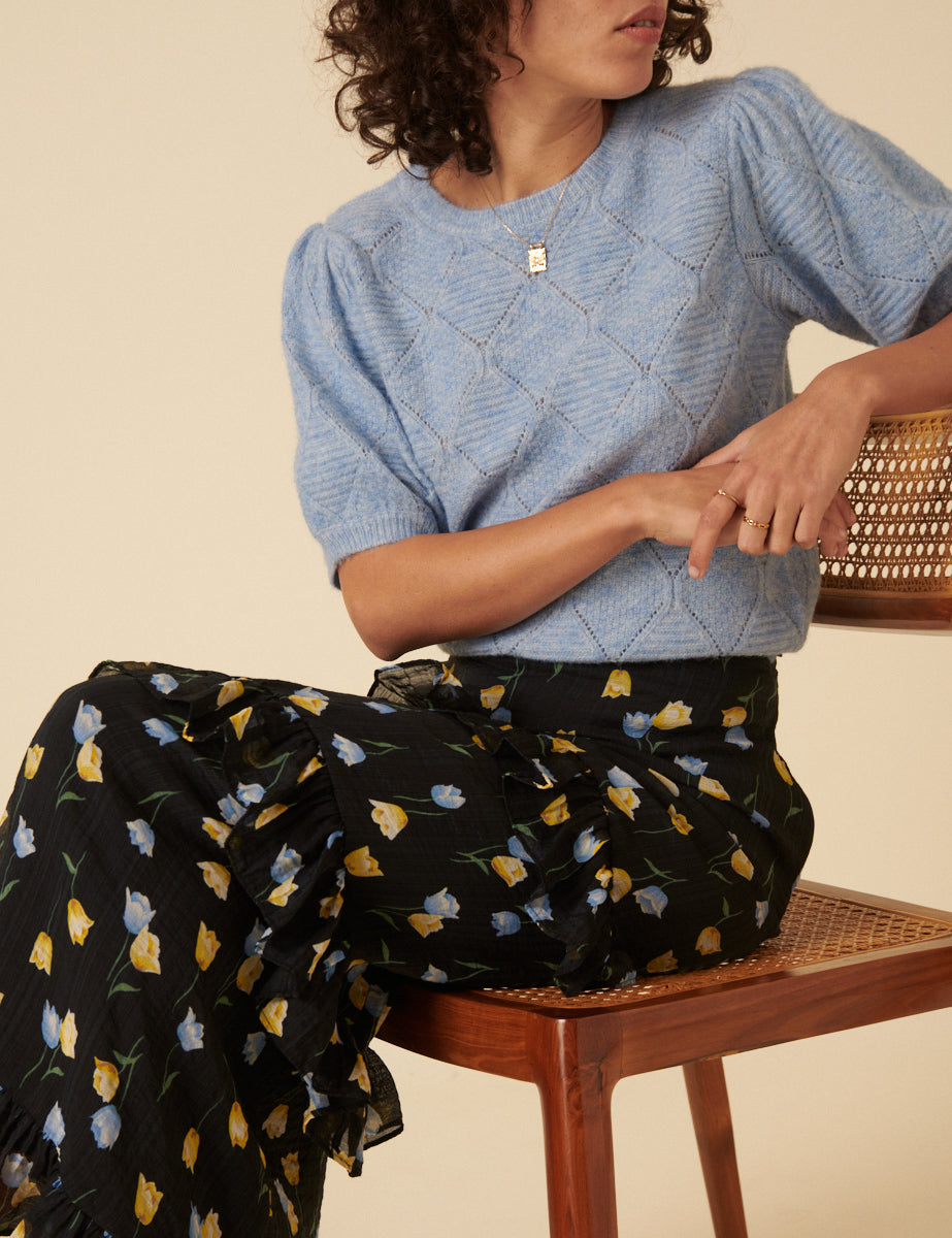 Black Floral Ruffle Tiered Midi Skirt