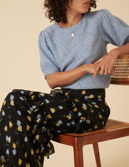 Black Floral Ruffle Tiered Midi Skirt