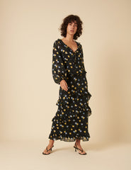 Black Floral Ruffle Tiered Midi Skirt