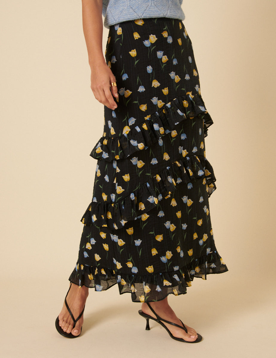 Black Floral Ruffle Tiered Midi Skirt