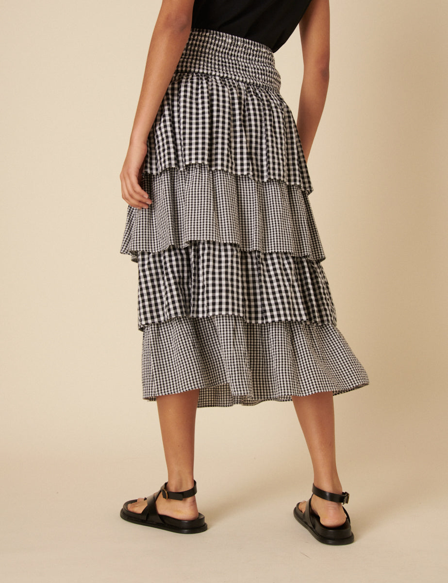Black Gingham Tiered Midi Skirt