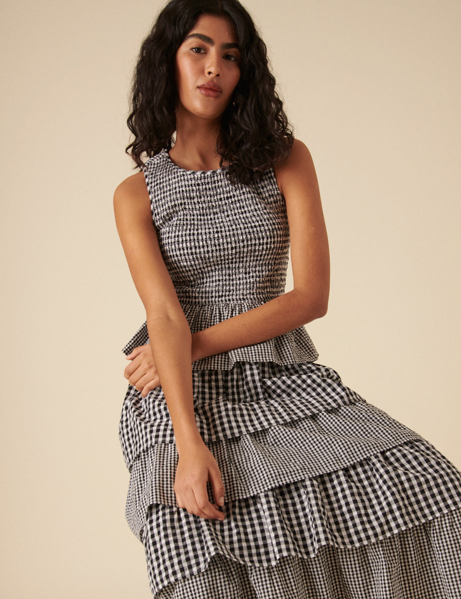 Black Gingham Tiered Midi Skirt