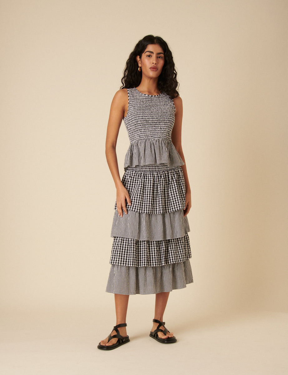 Black Gingham Tiered Midi Skirt