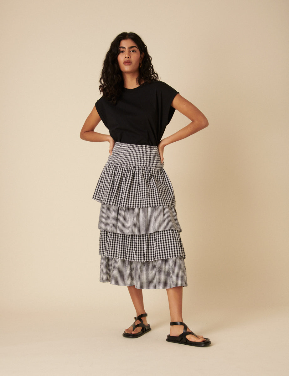 Black Gingham Tiered Midi Skirt