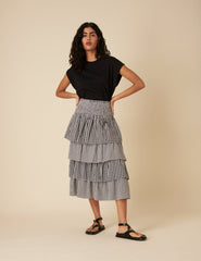 Black Gingham Tiered Midi Skirt