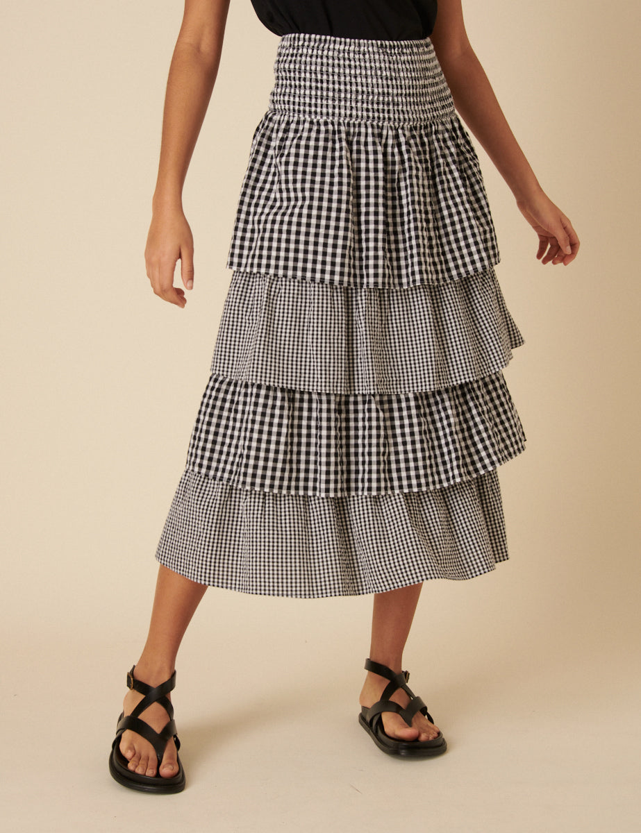 Black Gingham Tiered Midi Skirt