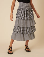 Black Gingham Tiered Midi Skirt