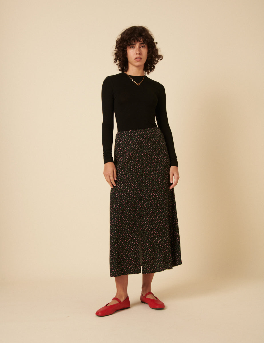 Black Ditsy Floral Midi Skirt