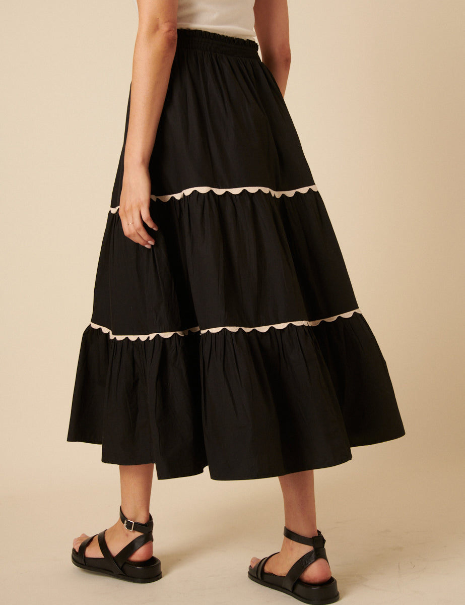 Black Scallop Trim Tiered Midi Skirt