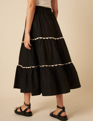 Black Scallop Trim Tiered Midi Skirt