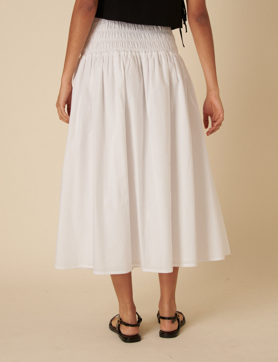 White Shirred Drop Waist Midi Skirt