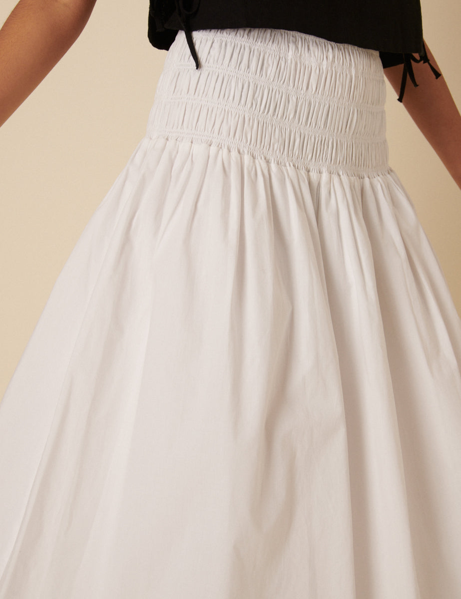 White Shirred Drop Waist Midi Skirt