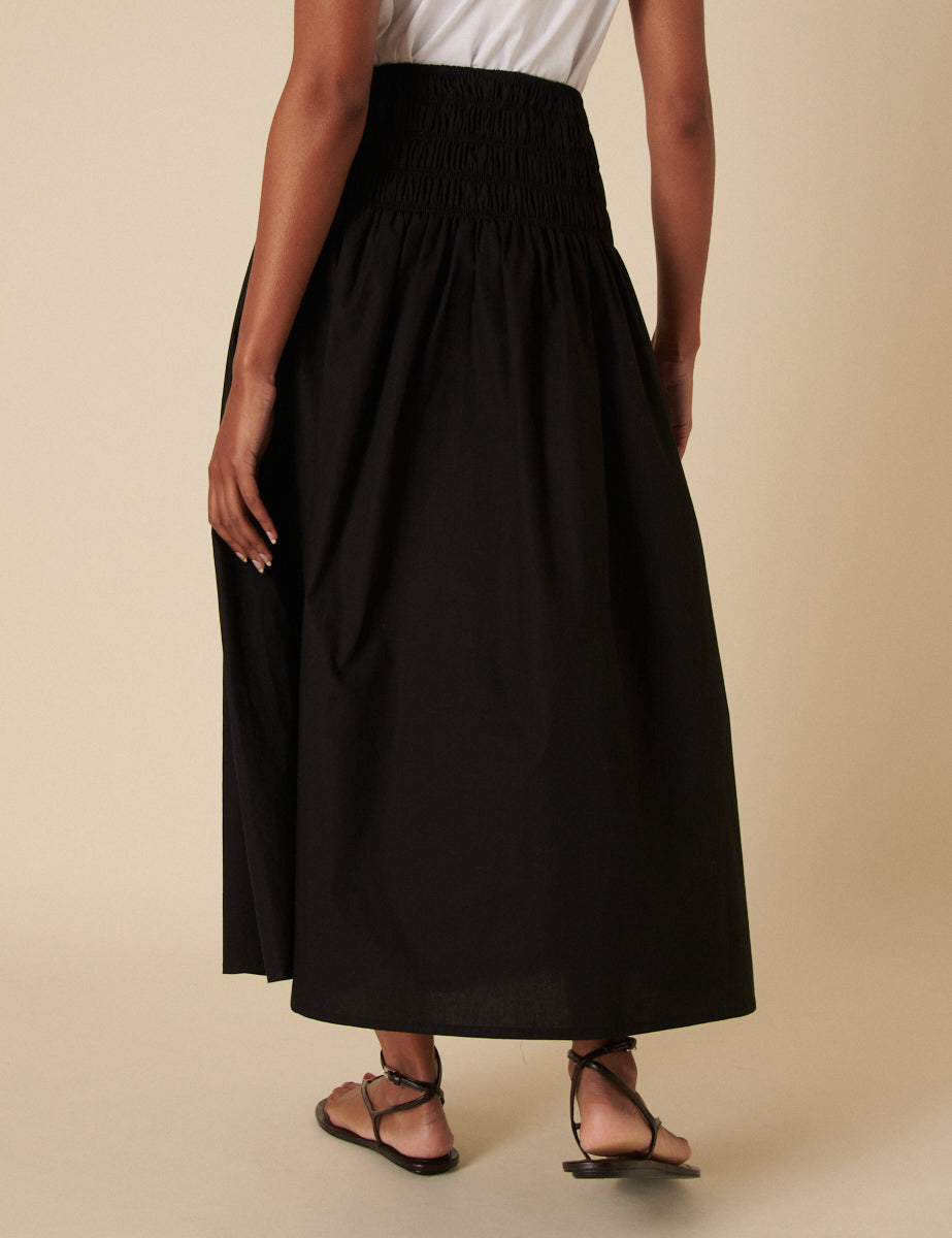 Black Drop Waist Shirred Midi Skirt