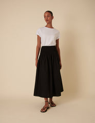Black Drop Waist Shirred Midi Skirt