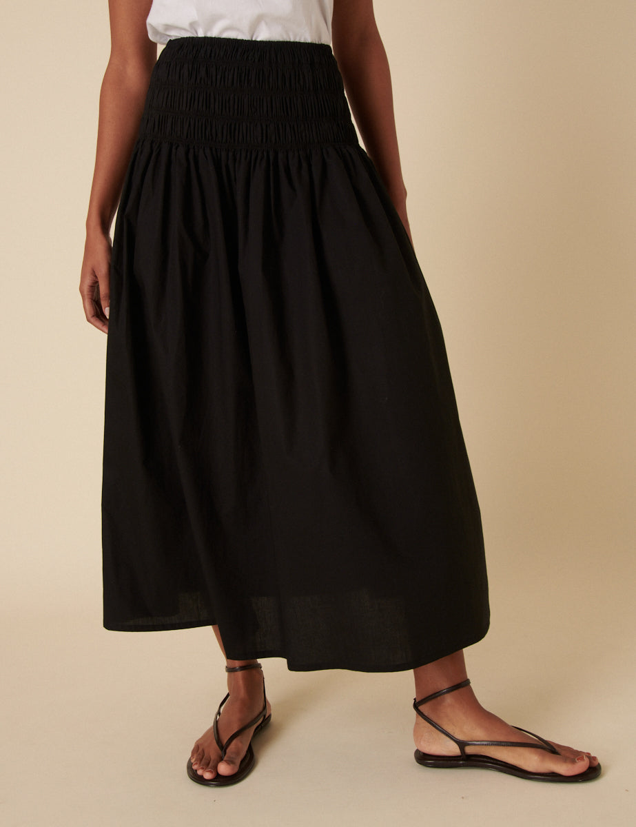 Black Drop Waist Shirred Midi Skirt
