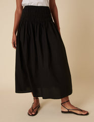 Black Drop Waist Shirred Midi Skirt