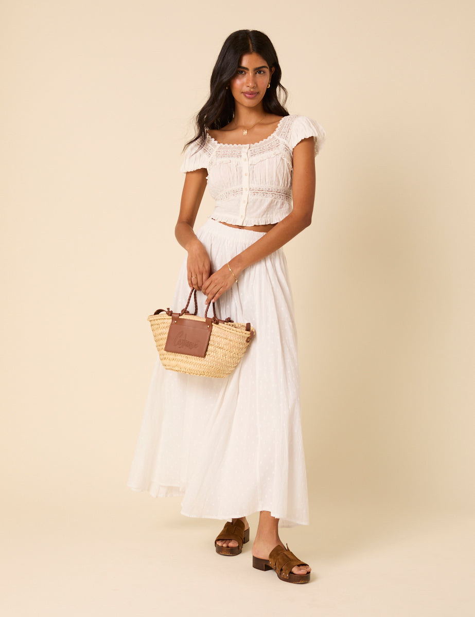 White Textured Spot Midi Skirt