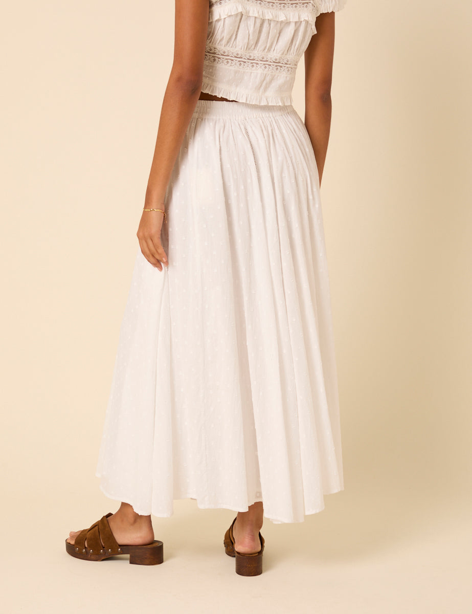 White Textured Spot Midi Skirt