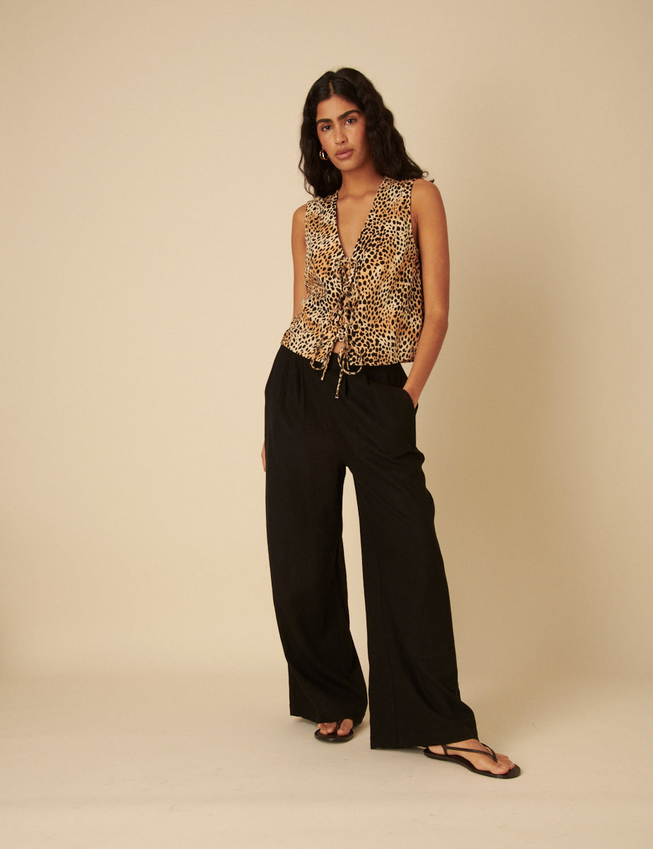Black Linen-blend Parker Wide Leg Trousers