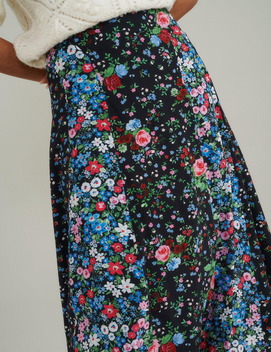 Black Ditsy Floral Midi Skirt