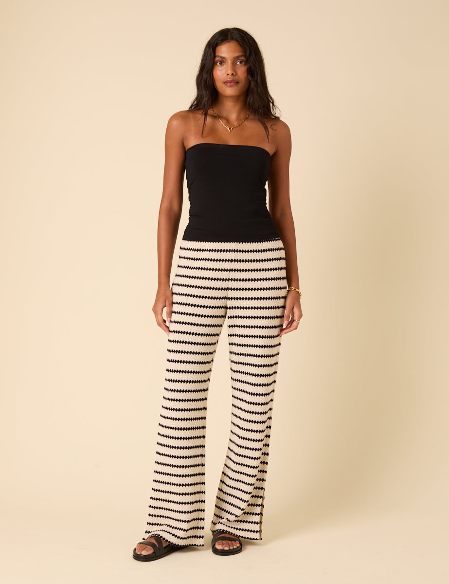 Black And Cream Striped Textured Wide Leg Trousers