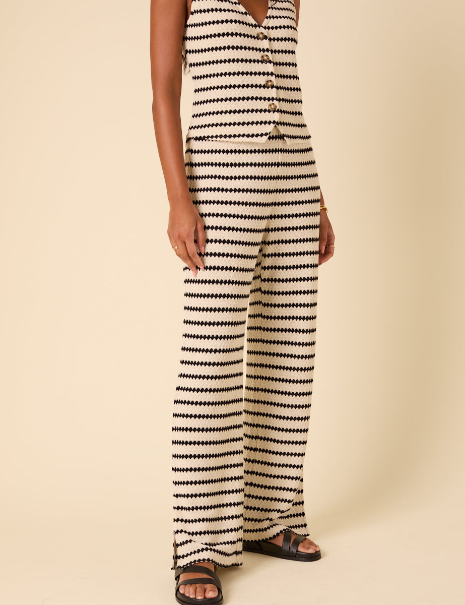 Black And Cream Striped Textured Wide Leg Trousers