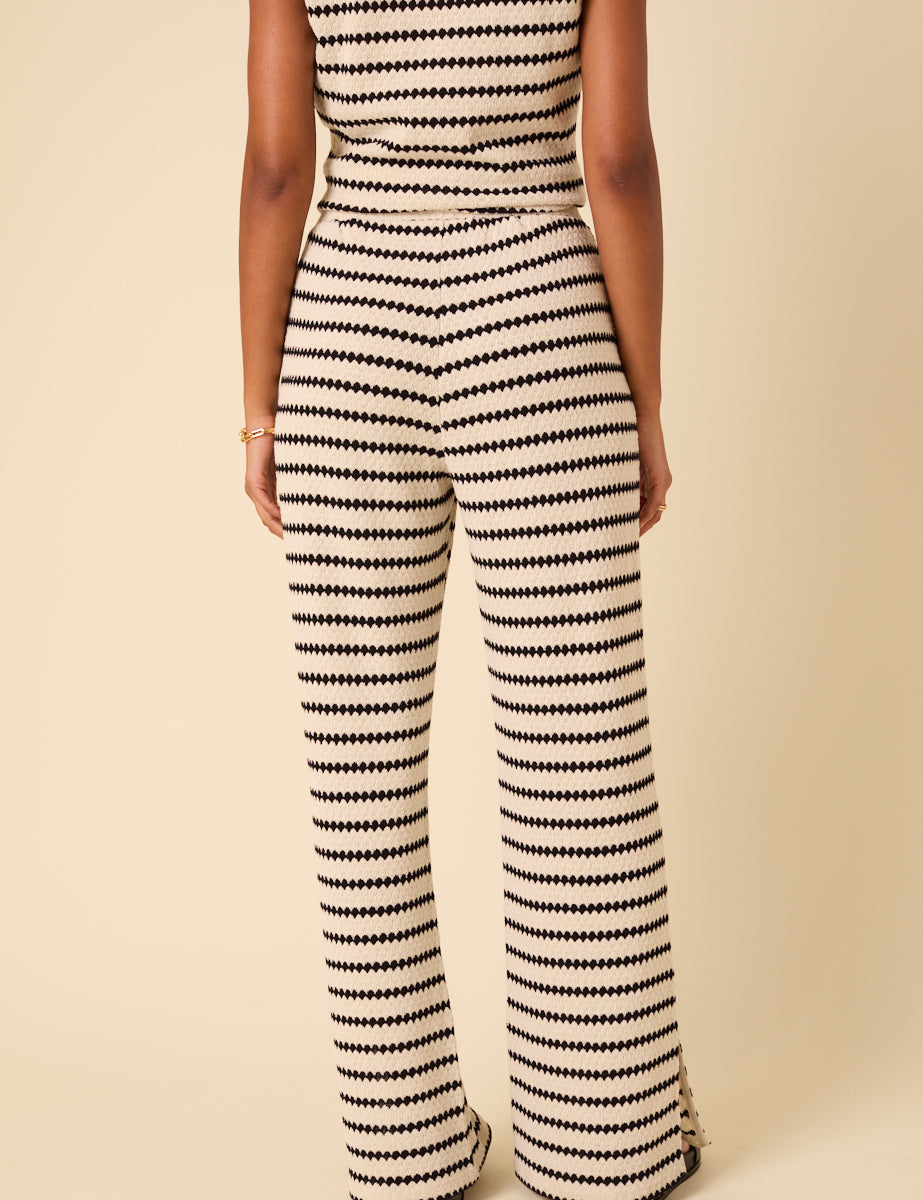 Black And Cream Striped Textured Wide Leg Trousers