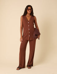 Brown Textured Wide Leg Trousers