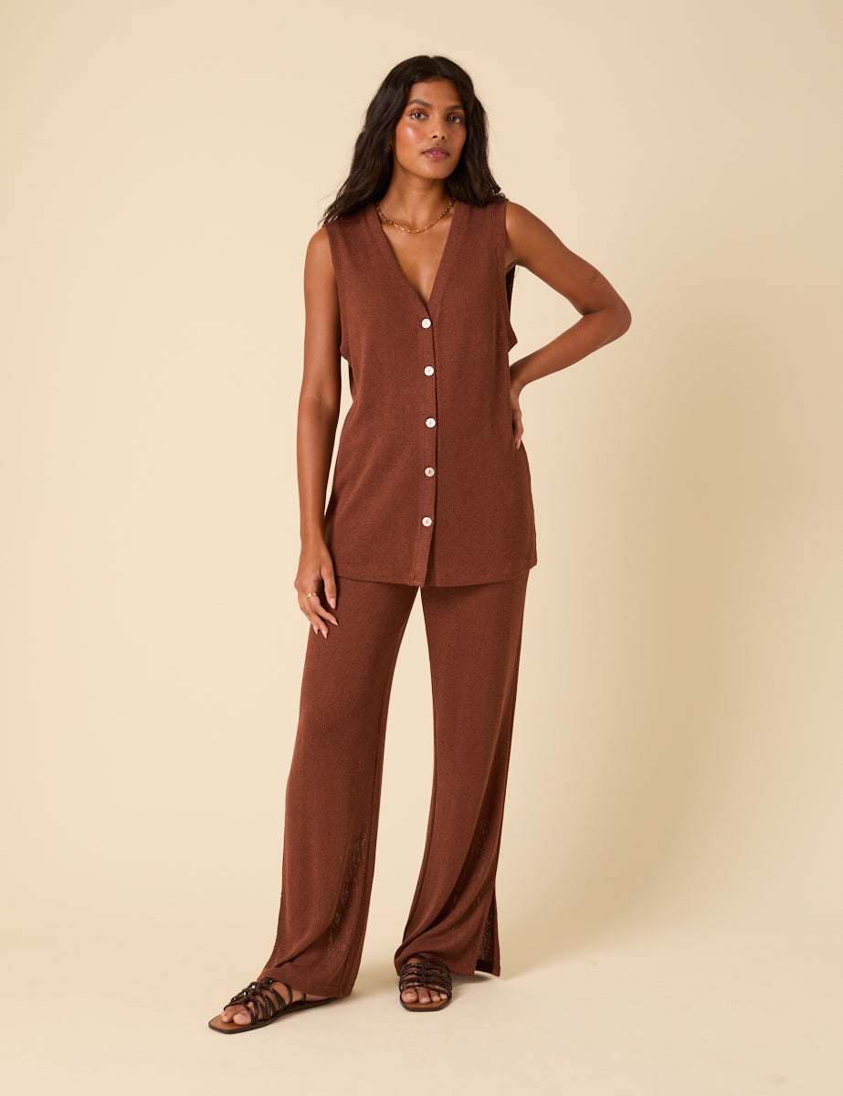 Brown Textured Wide Leg Trousers