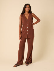 Brown Textured Wide Leg Trousers