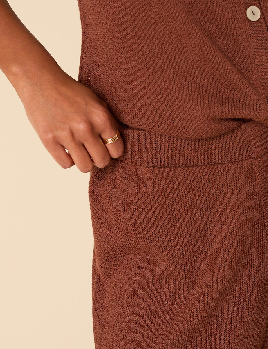 Brown Textured Wide Leg Trousers
